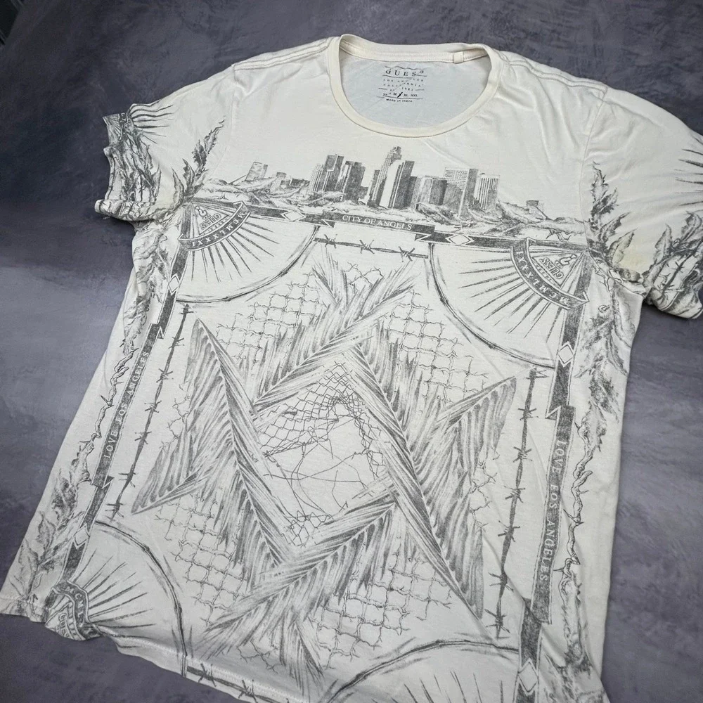 Vintage Guess Los Angeles City of Angels Graphic T-Shirt White Cream Mens Medium - Picture 4 of 6